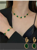 💚 Oval Green Crystal Pendant Necklace & Bracelet Set 💚